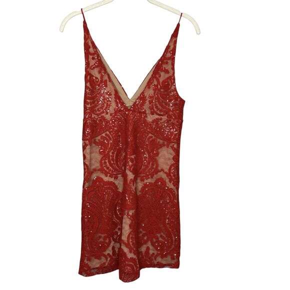 Free People Romper Womens 0 Red Sequin Lace Mesh V Neck Spaghetti Straps Mini - Picture 3 of 12